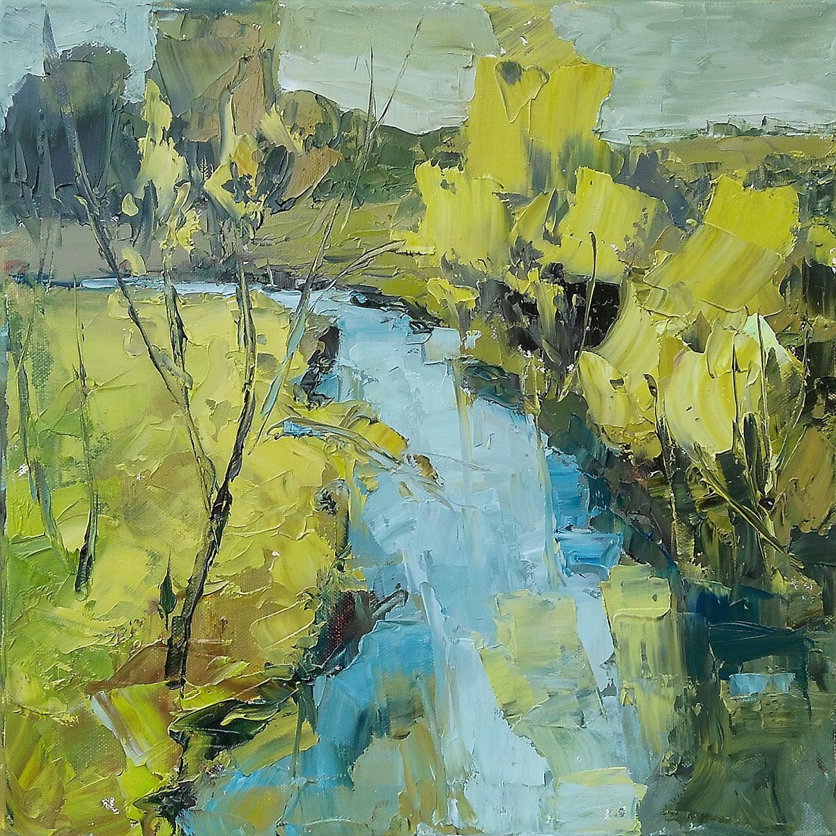 APRIL STREAM, 40x40cm, spring fields abstract landscape by Emilia Milcheva