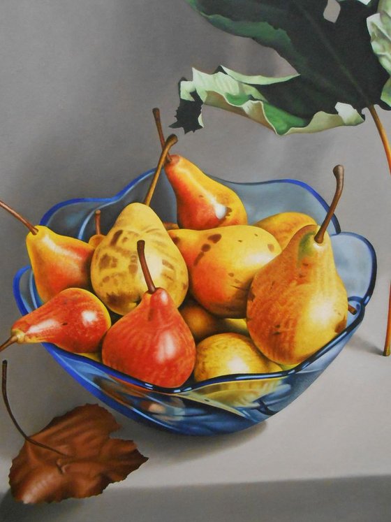 Still Life with a Blue Glass Bowl of Pears and Autumn Leaves