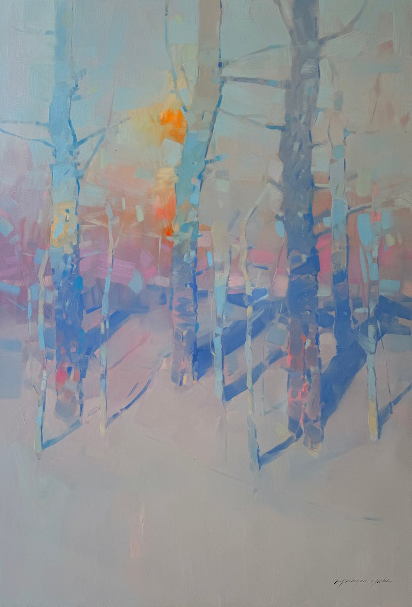 Impressionistic Landscape Oil Painting By Vahe Yeremyan, 30 X 45", Evening Trees, Original Artwork