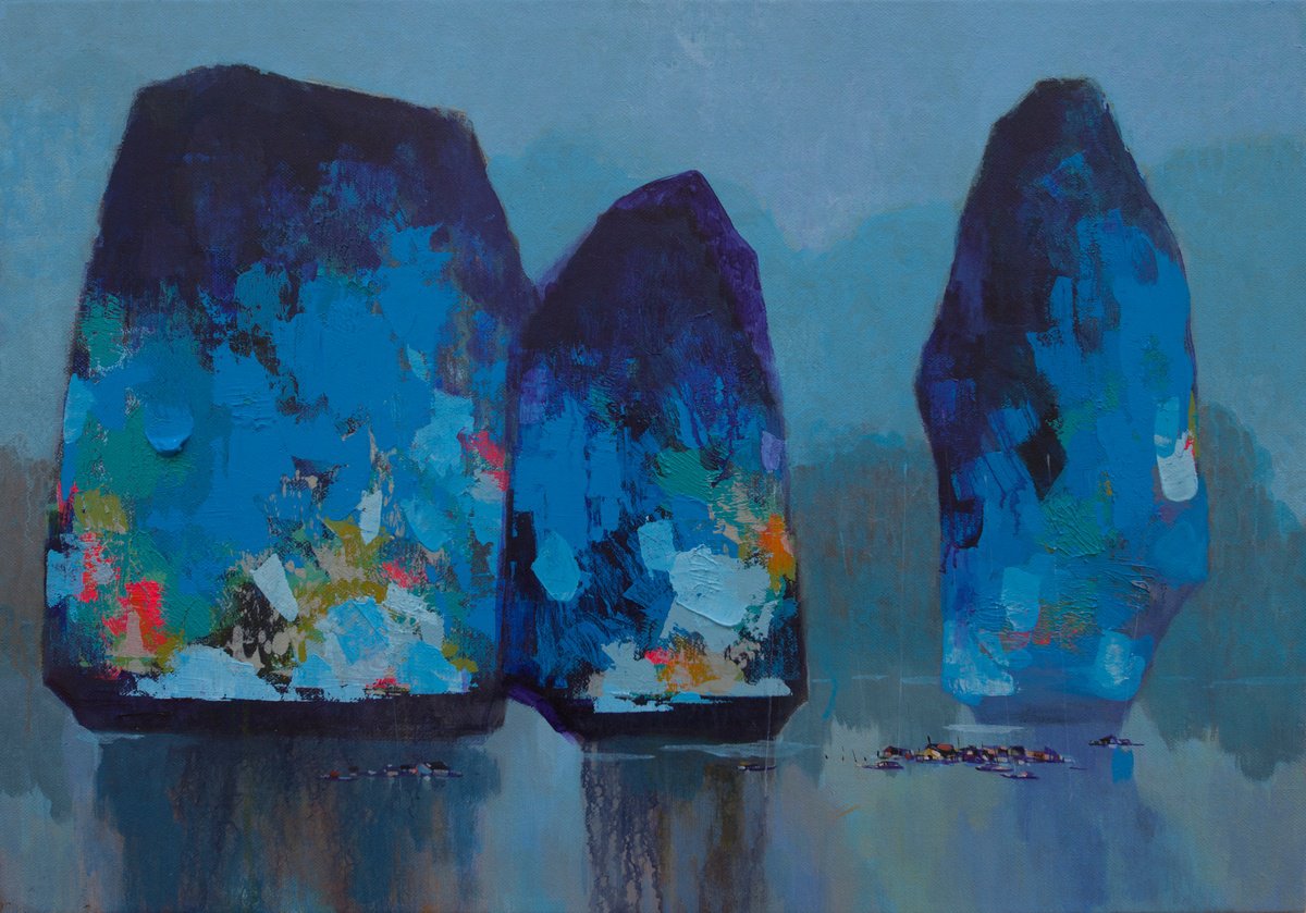 Expressive Landscape Acrylic Painting By The Khanh Bui, 39 X 28", Dawn On Halong Bay No.08, Original Artwork