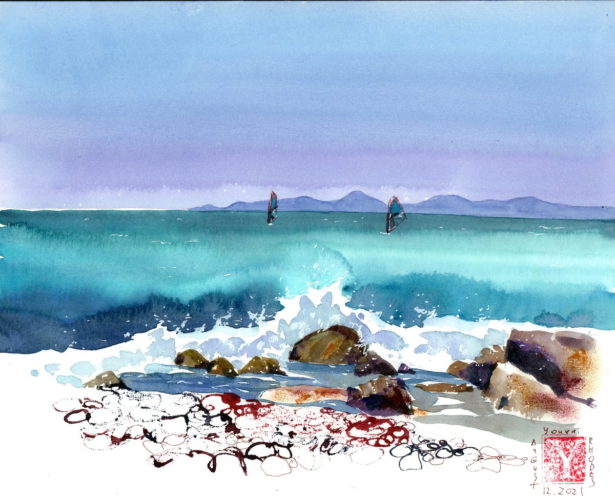 Impressionistic Landscape Watercolour By Anastasia Mamoshina, 12 X 9, Turquoise Serenity On Rhodes, Original Artwork