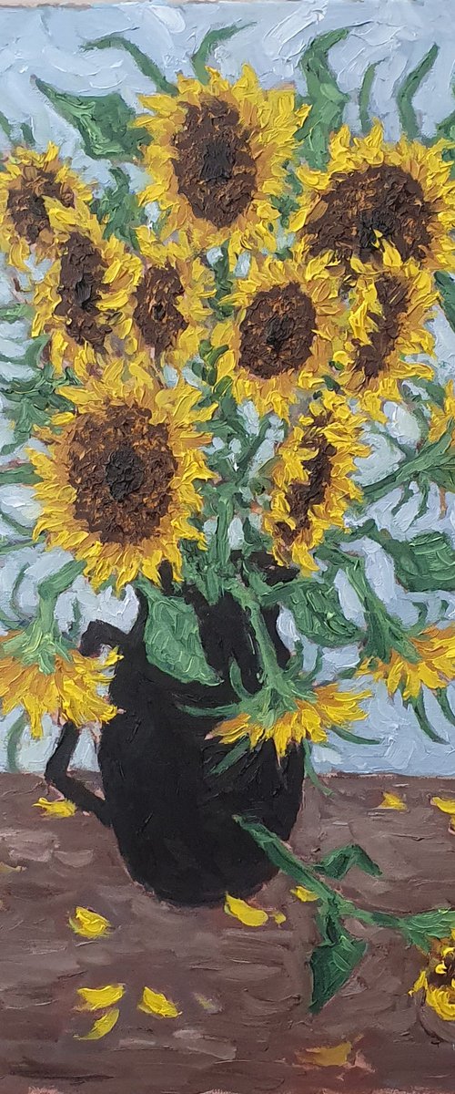 Sunflowers in black jug by Colin Ross Jack