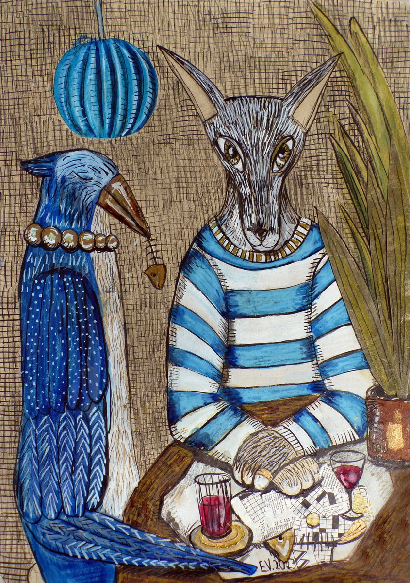 Surrealistic Animal Painting By Elizabeth Vlasova, 12 X 17, Sunday Evening, Original Artwork