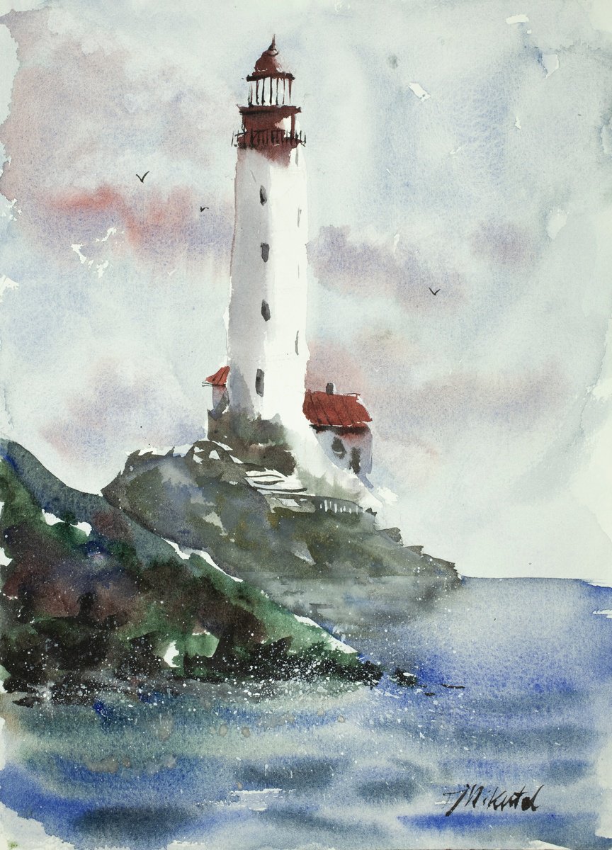 Impressionistic Landscape Watercolour By Tomasz Mikutel, 10 X 14", The Lighthouse, Original Artwork