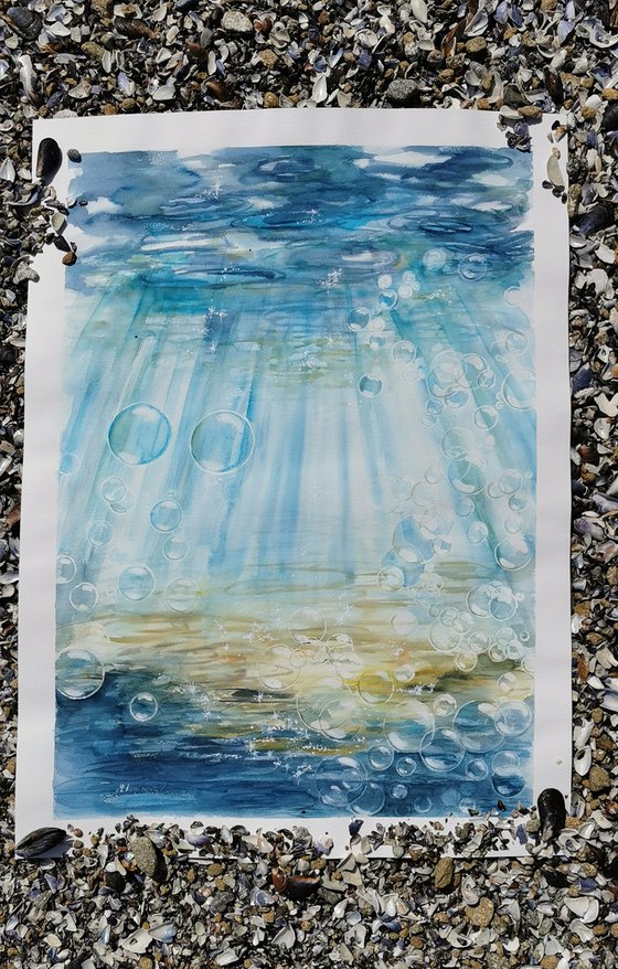 Large original seascape watercolor painting. Marine art.