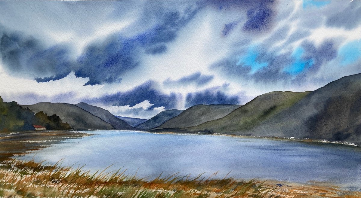 Impressionistic Landscape Watercolour By Silvie Wright, 19 X 10", Loch Lomond, Scotland, Original Artwork