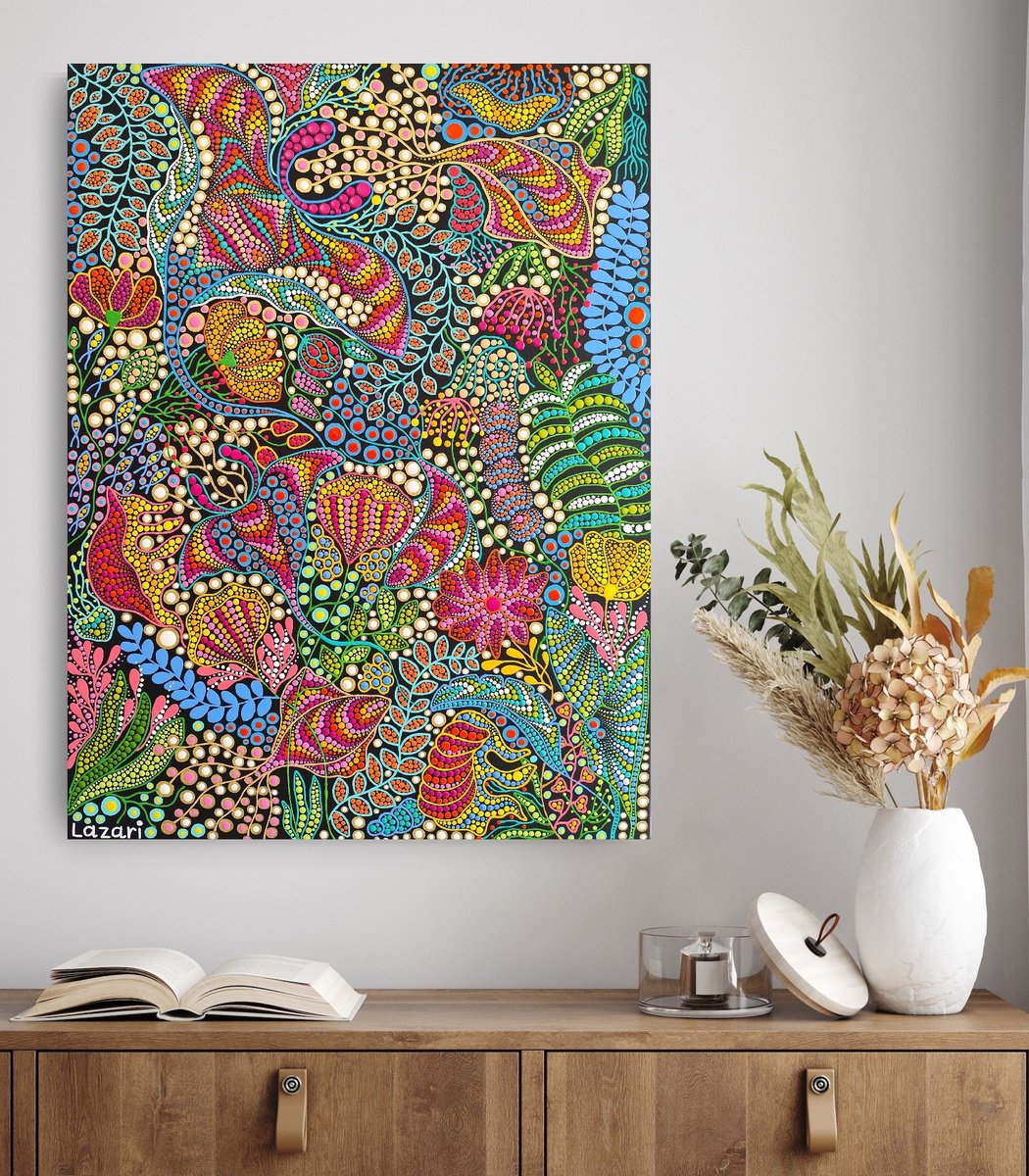 Expressive Landscape Acrylic Painting By Oxana Lazari, 24 X 31", Ocean Bloomscape, Original Artwork