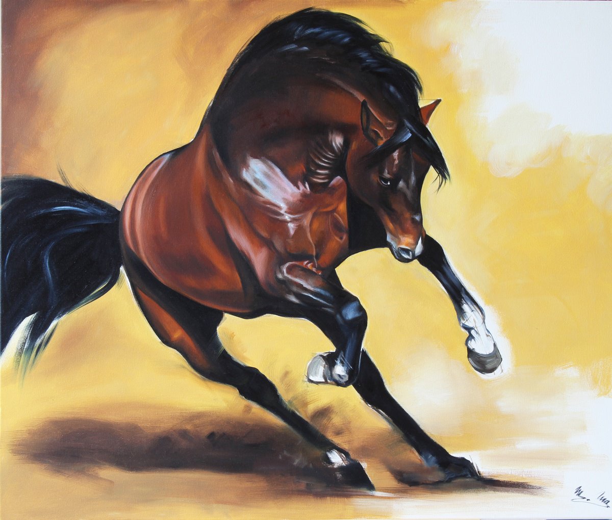 Photorealistic Animal Oil Painting By Marie Madej, 37 X 31", Brown Horse Running, Original Artwork
