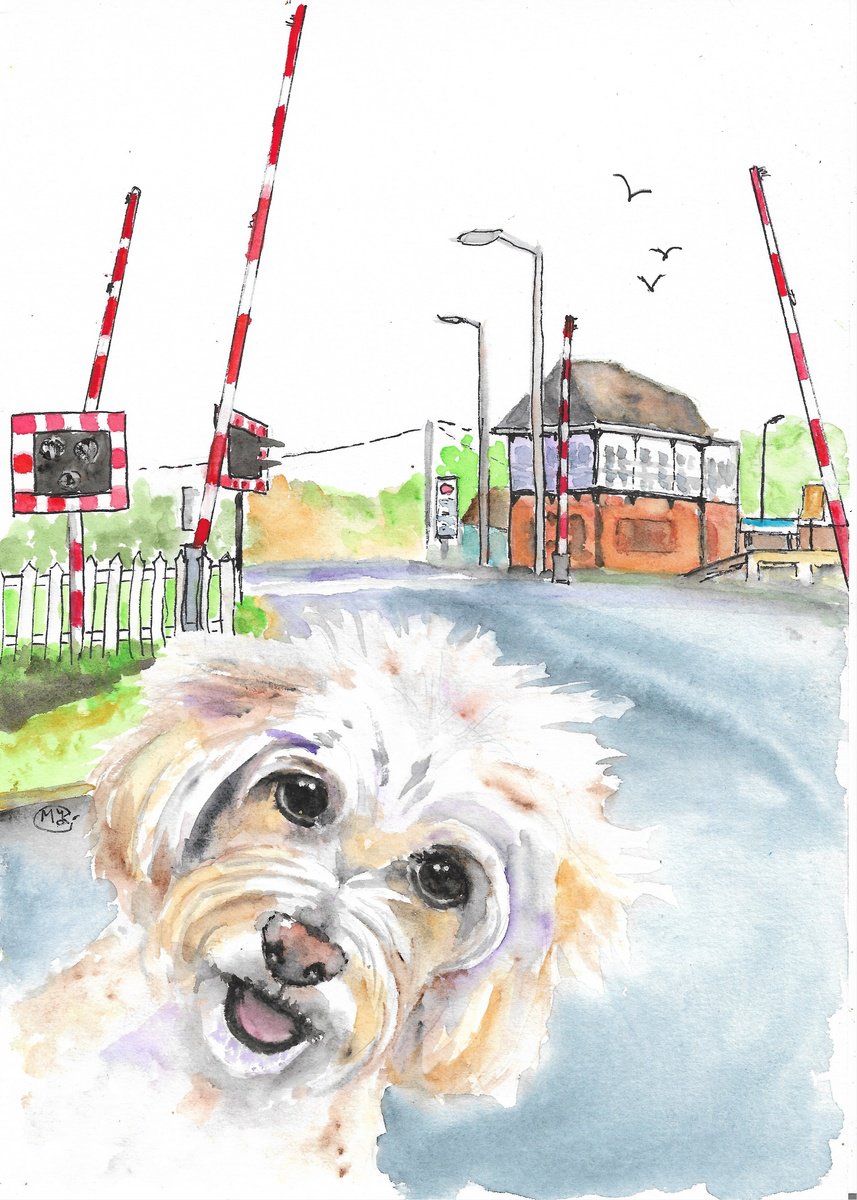 Impressionistic Animal Drawing By Marjansart, 8 X 11", Dog At Railroad Crossing, Original Artwork