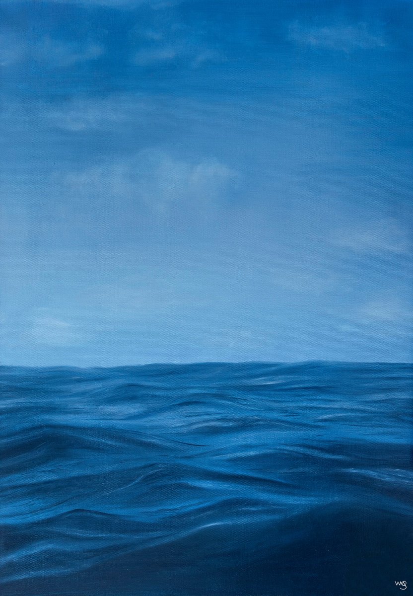 Photorealistic Landscape Oil Painting By Sarah Vms Art, 20 X 28", Blue Ocean, Original Artwork