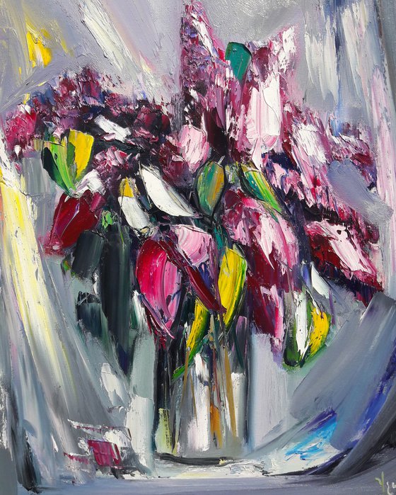 Still life with lilacs 60x70cm, oil painting, ready to hang, abstract still life