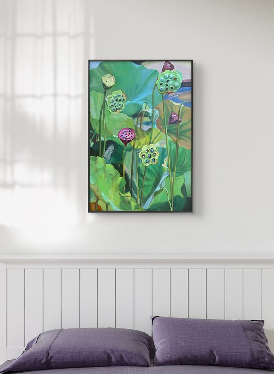 Lotus pond. Seed pods