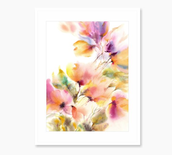 Colorful flowers, watercolor abstract florals