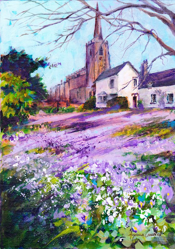 Church painting, Spring Landscape, Original painting, Church wall art, Floral landscape, Spring flowers