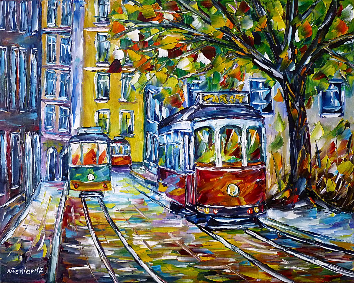 Expressive Cityscapes Oil Painting By Mirek Kuzniar, 20 X 16", Tram In Lisbon Iii, Original Artwork