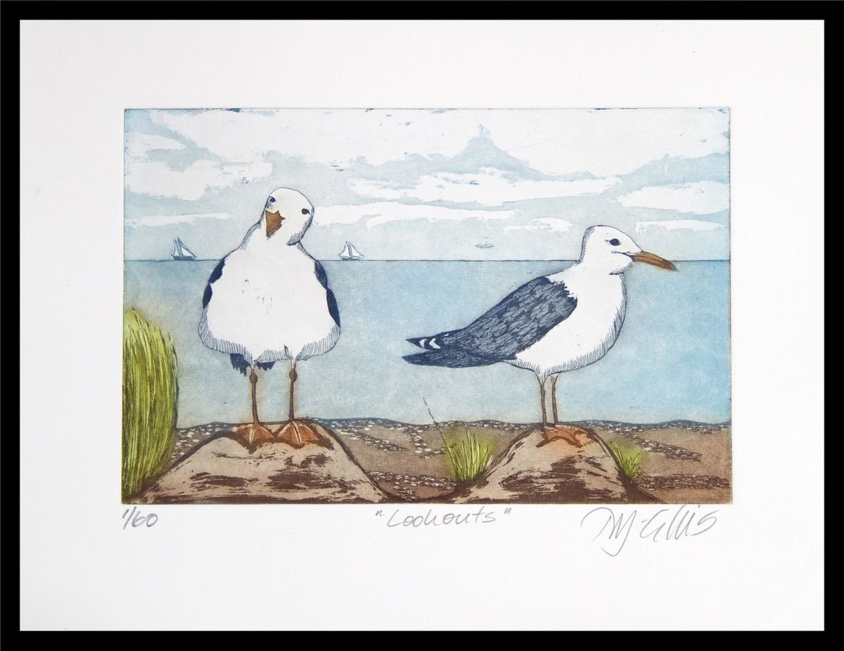 Lookouts, aquatint etching by Mariann Johansen-Ellis