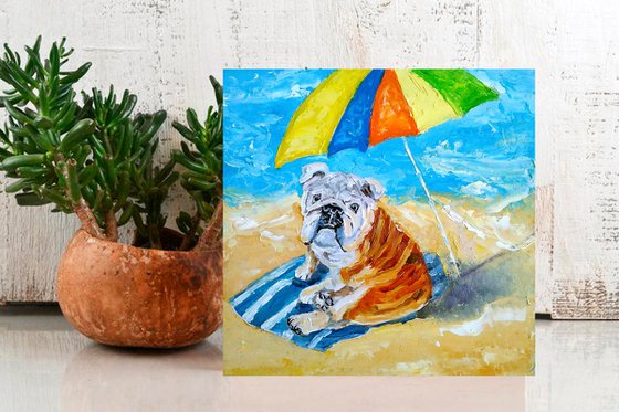 English bulldog on the beach