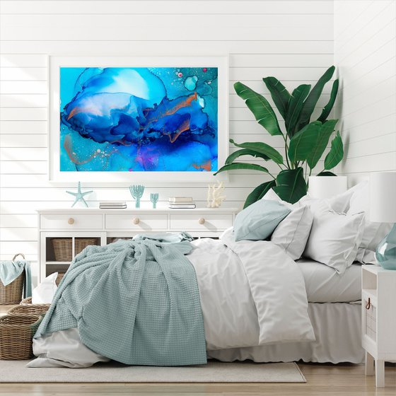 Alcohol Ink Modern Abstract Fluid Painting Print 'Blue Waves'
