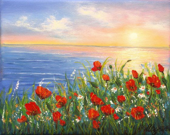 Sunset seascape and poppies