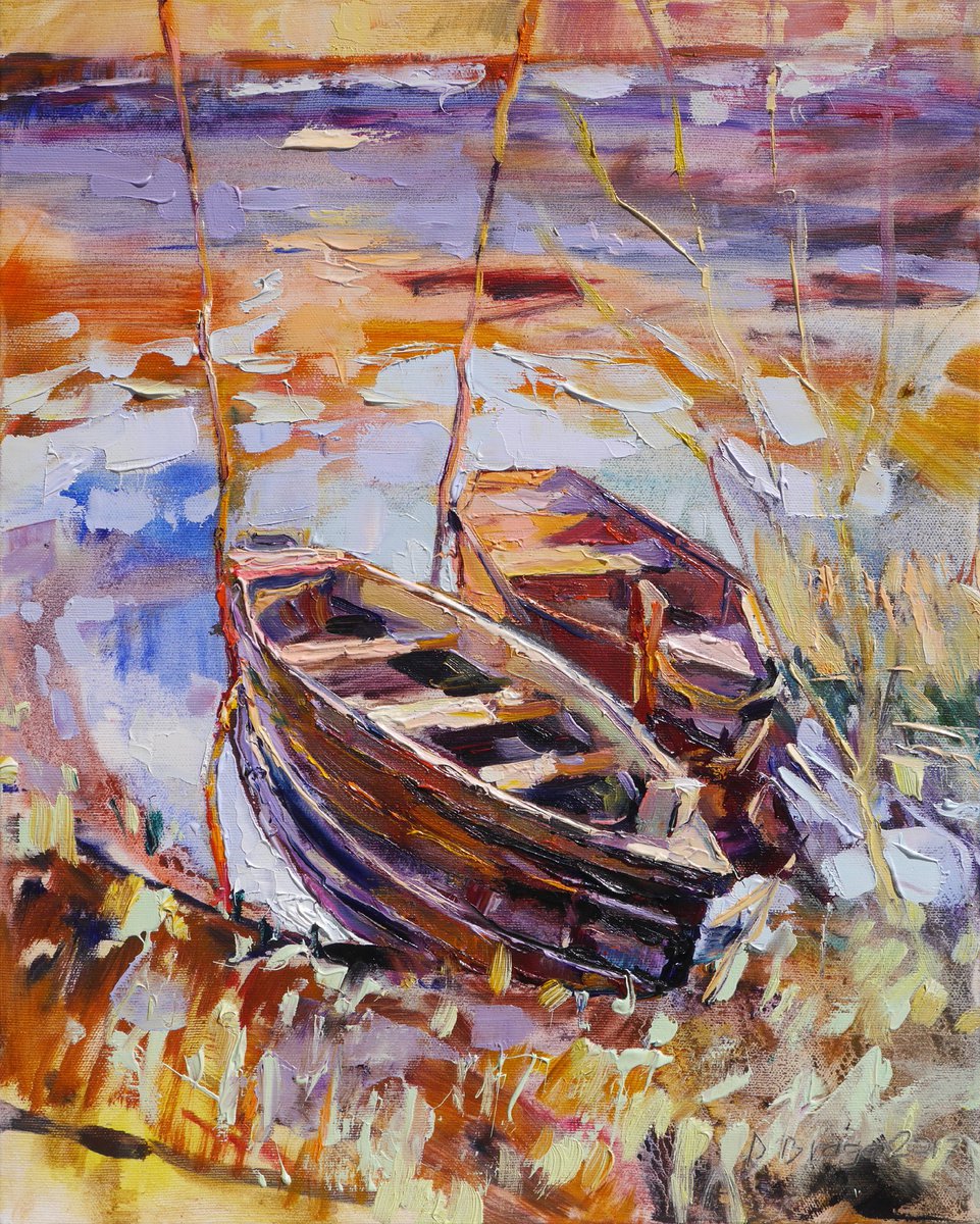 Impressionistic Landscape Oil Painting By Dima Braga, 16 X 20, Plein Air 28-03-2017 (Boats, Evening), Original Artwork