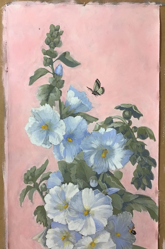 White Mallows with Bees and Butterfly Acrylic Painting on Canvas