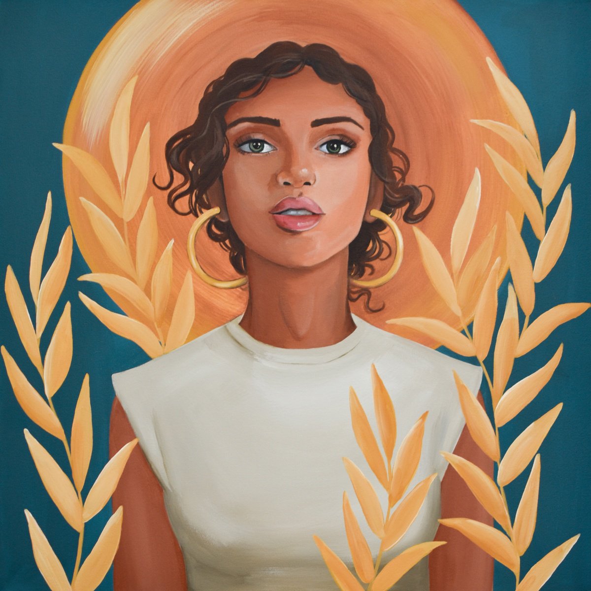 Portrait Acrylic Painting By Elina Zelena, 20 X 20, Beautiful Girl In A Hat, Original Artwork