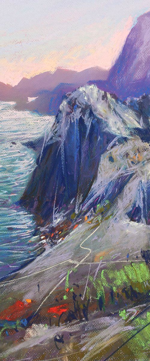 Ukrainian painting Sudak Crimea Mountains and sea landscape Soft pastel 19.6x19.6 inch (50x50 cm) by Andrii Kovalyk