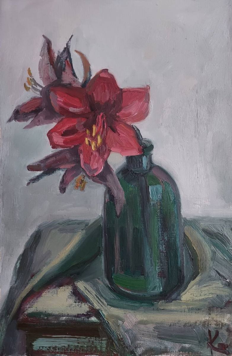 Impressionistic Botanical Oil Painting By Olena Kolotova, 12 X 18", Still-Life "Red Amaryllis", Original Artwork