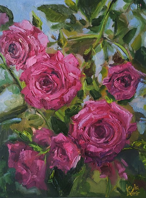 Pink tea roses original oil painting still life 9x7" by Leyla Demir