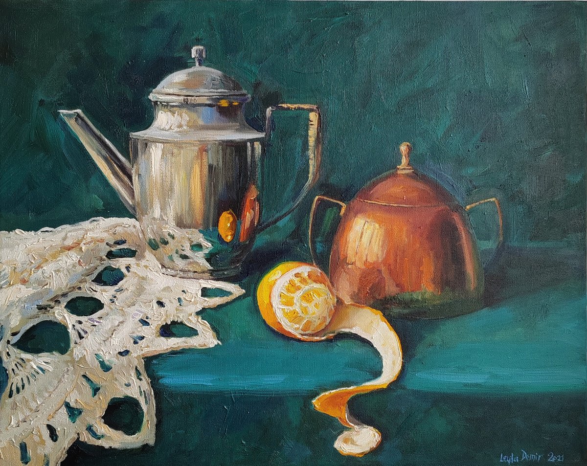 Impressionistic Still Life Oil Painting By Leyla Demir, 20 X 16", Antique Teapot With Sugar Bowl Still Life Original Oil Painting 16X20