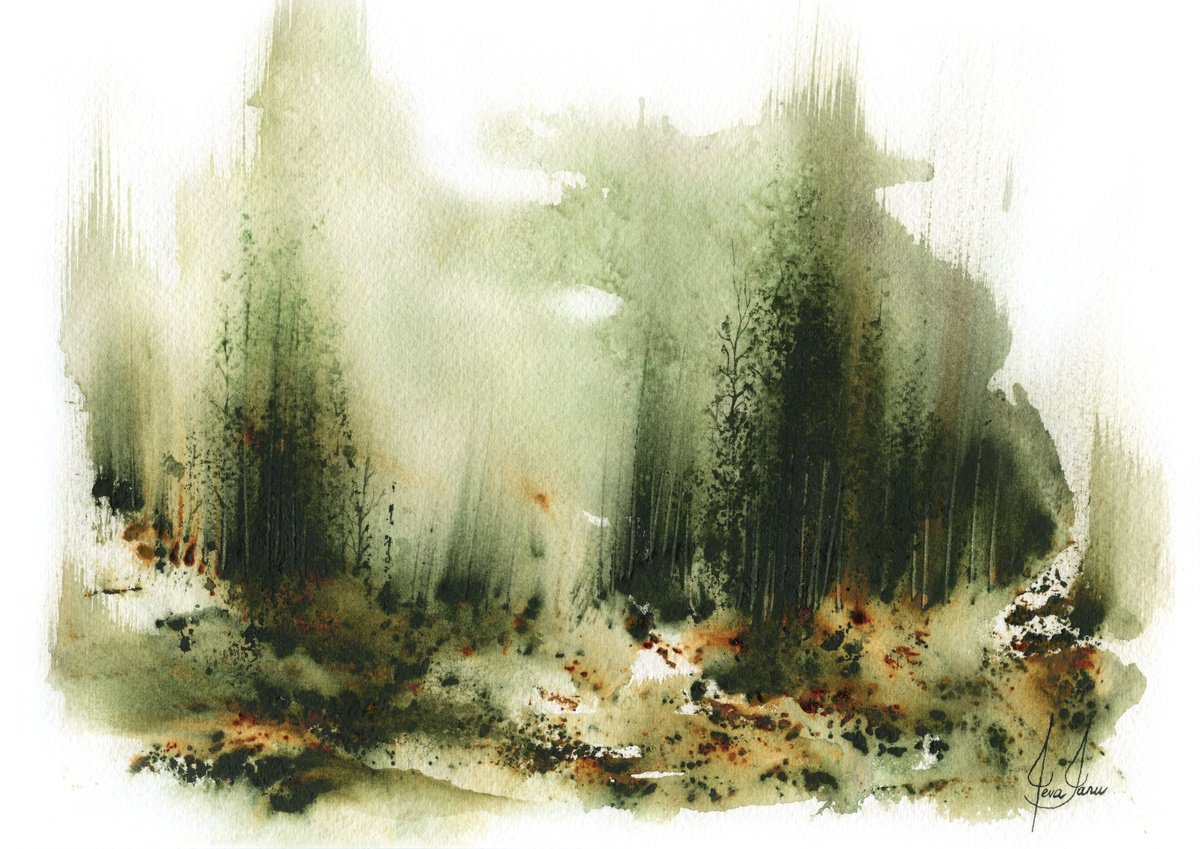 Impressionistic Landscape Watercolour By Ieva Janu, 10 X 7, Places Ix - Watercolor Forest, Original Artwork