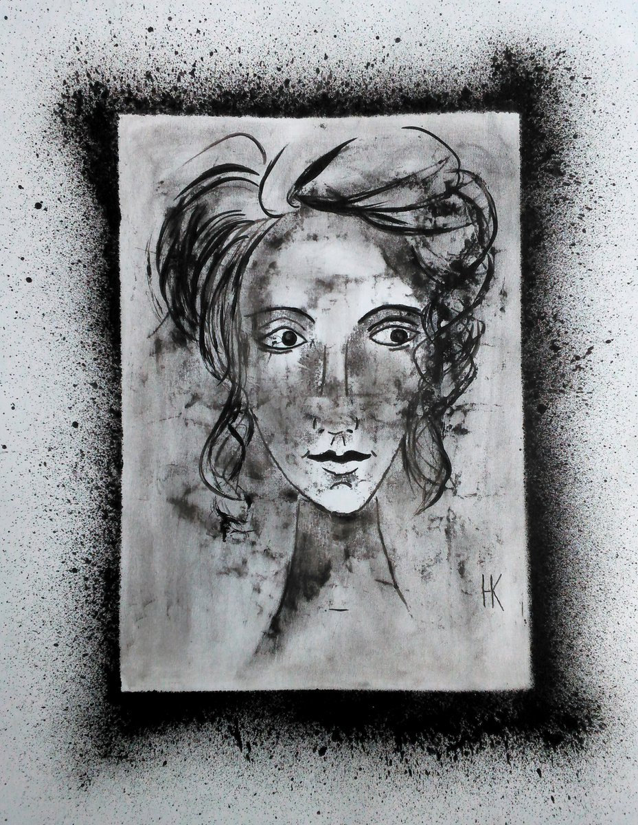 Female portrait young girl portrait black monochrome oil monoprint on paper Her spring by Halyna Kirichenko