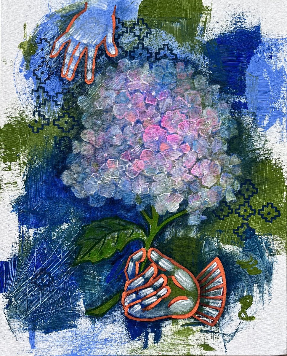 Naive Botanical Acrylic Painting By Yuliia Chaika, 13 X 16", Flowers Of Hydrangea, Original Artwork