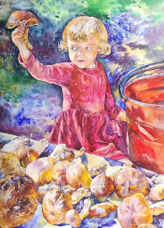 Happy childhood - original watercolor artwork, bright color painting