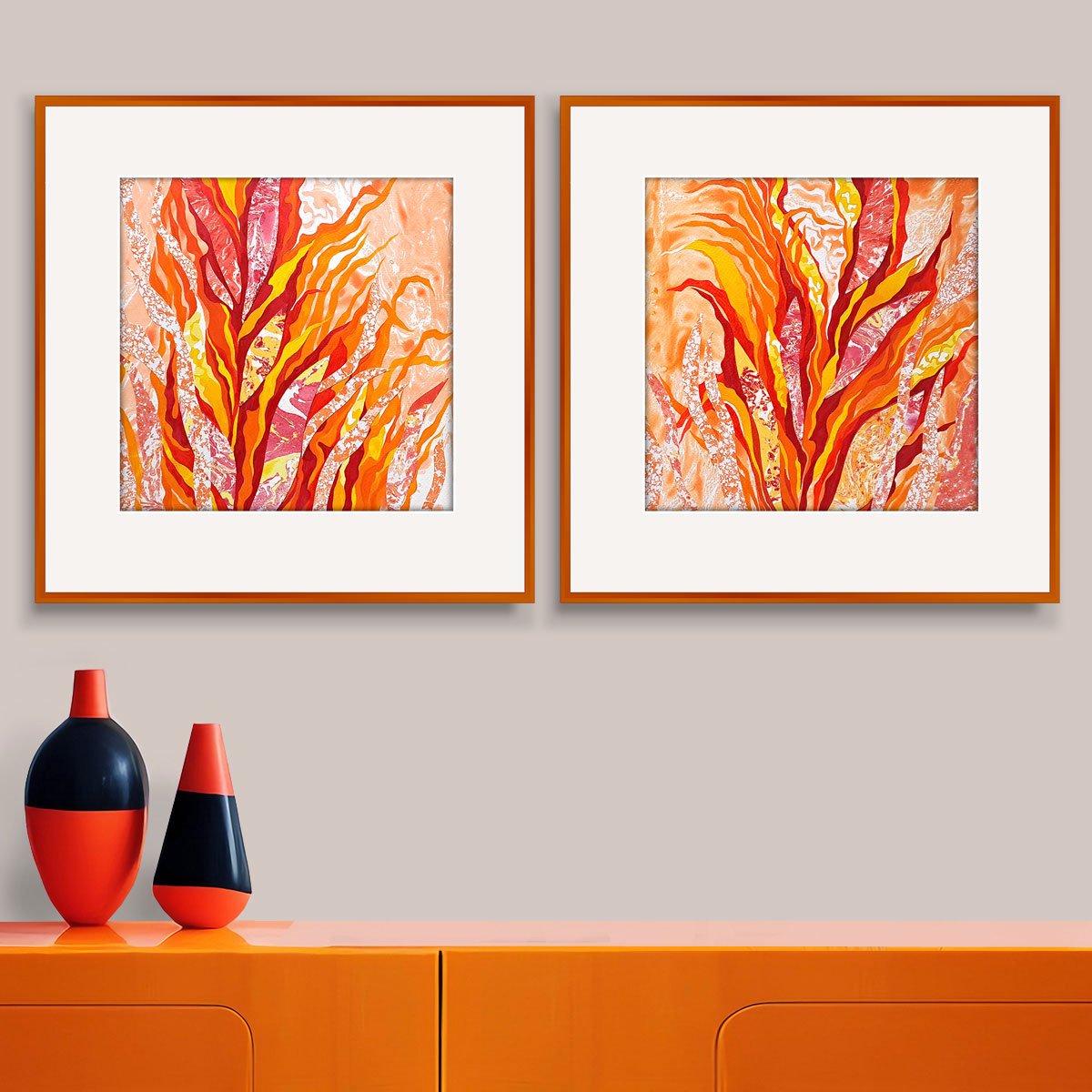 Flaming Blooms, Set Of 2 By Mariia Raskin, 20 X 10, Artwork For Sale On Artfinder
