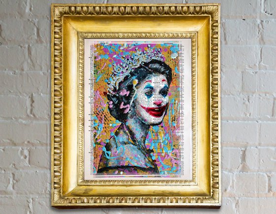 Queen Elizabeth II Like a Joker - Pop Art Collage on Large Real English Dictionary Vintage Book Page