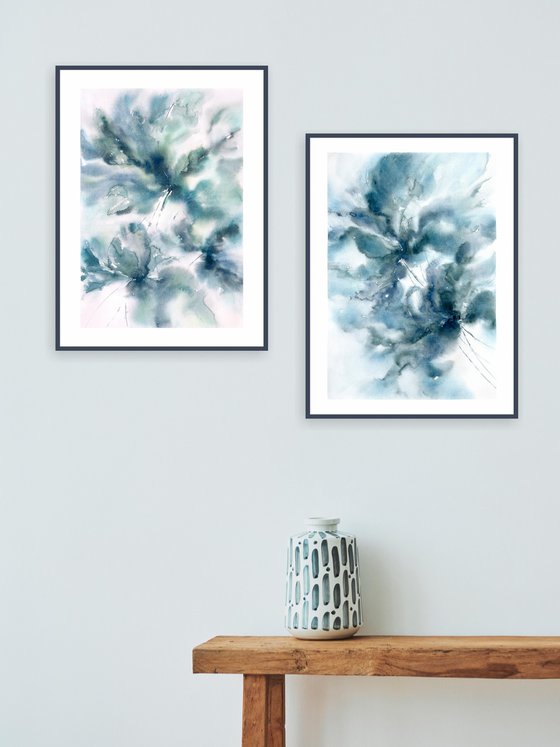 Blue abstract flowers diptych