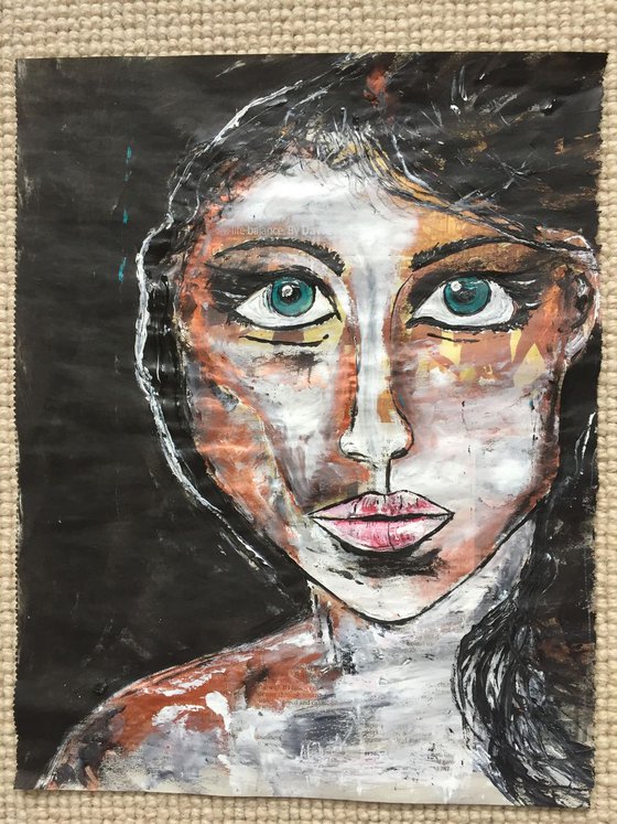 Take Me Home Face on Newspaper Woman Face Art Portraiture Beautiful Girl 37x29cm Artwork Gift Ideas Original Art Modern Art Contemporary Painting Abstract Art For Sale Free Shipping