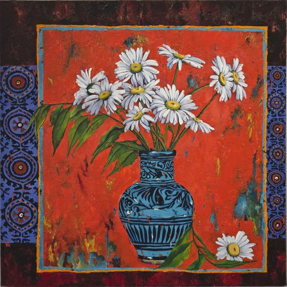 Daisy Flowers in a Vase - Vibrant and Warm - 61x61cm - original Oil painting on Canvas