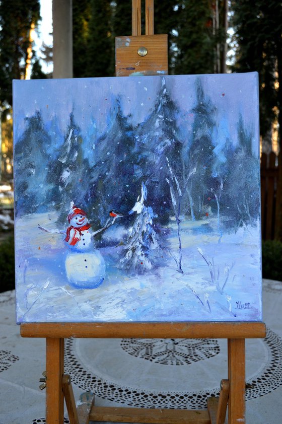 Snowman and Christmas trees