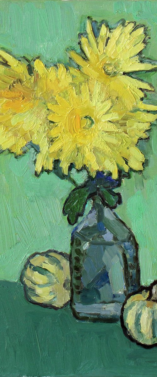 Yellow Chrysanthemums Against Green Background by Ivan Kolisnyk