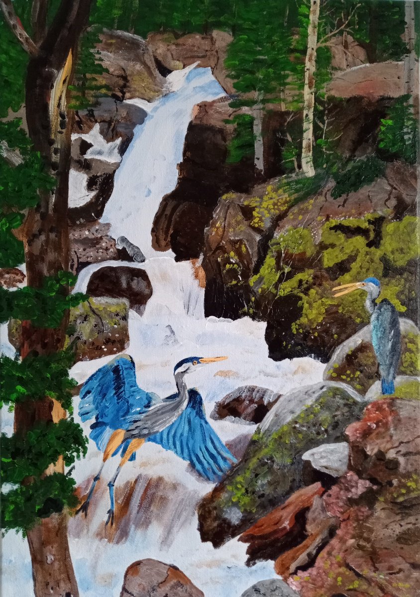 Naive Landscape Acrylic Painting By Corinne Hamer, 14 X 20, The Rockfalls, Original Artwork