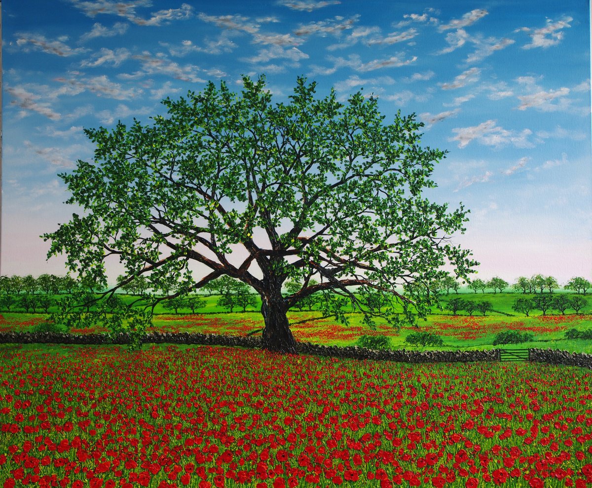 Impressionistic Landscape Oil Painting By Hazel Thomson, 47 X 39, A Feild Of Poppies, Original Artwork