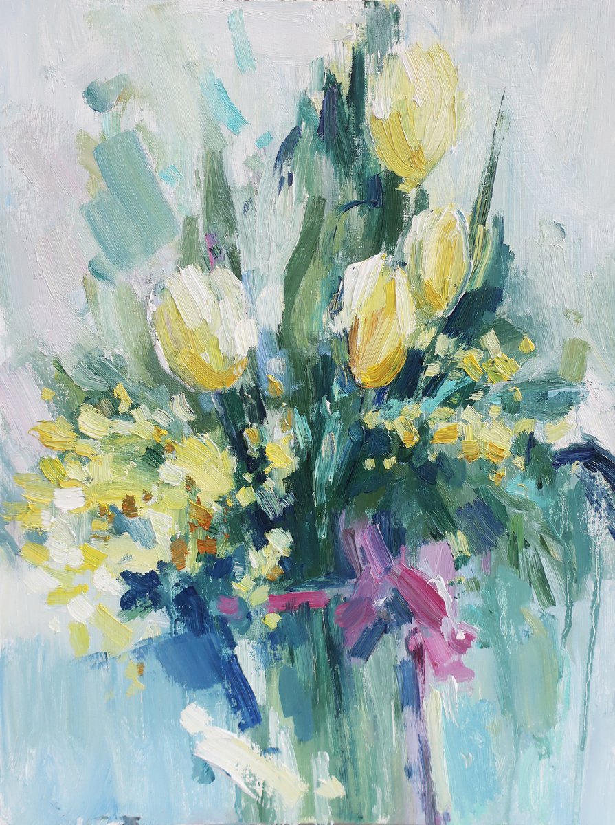OIL PAINTING Flowers Yellow Bouquet Still life Tulip Tulips by Anna Shchapova