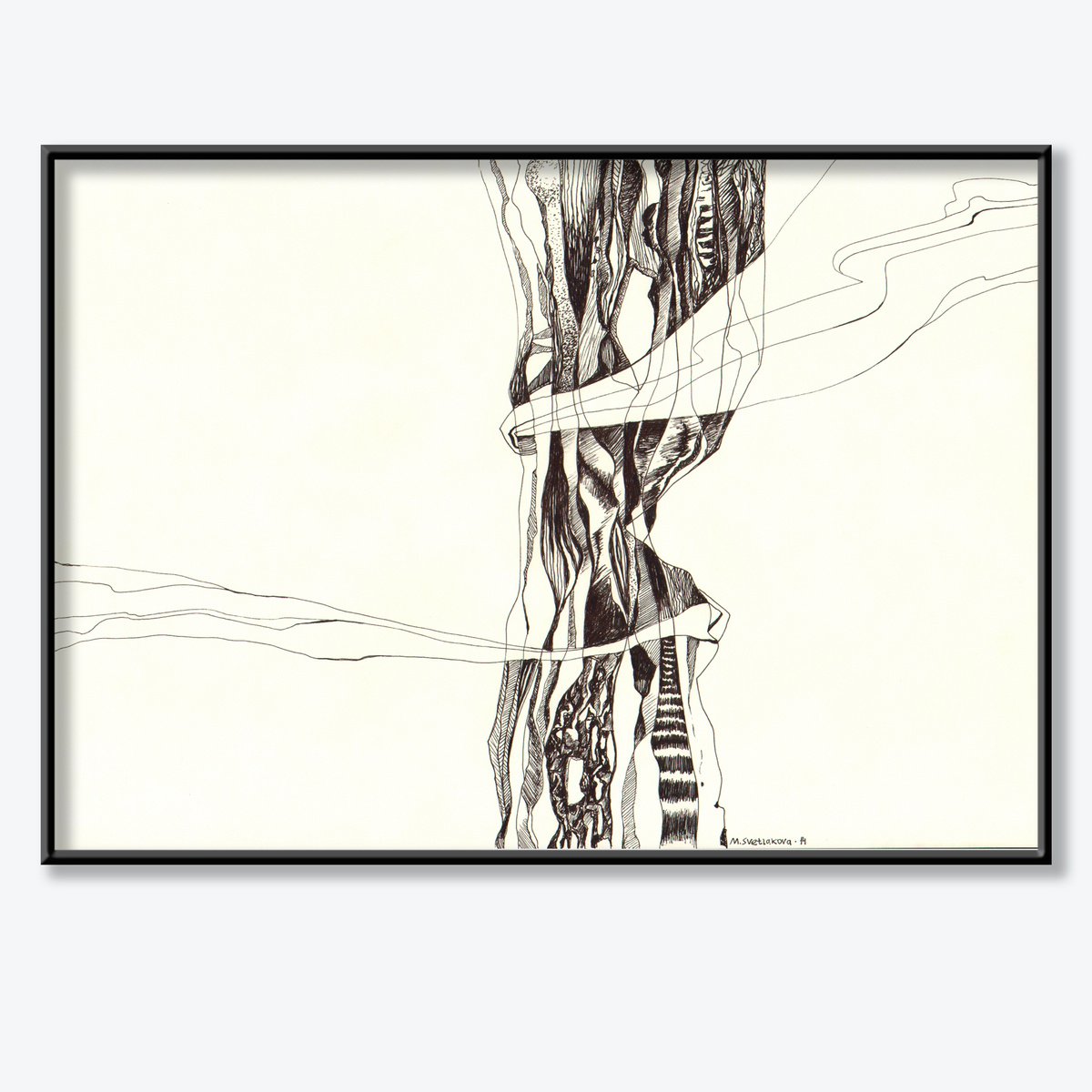 Ink drawing black and bone abstraction - Column by Maria Svetlakova
