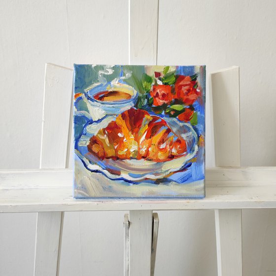 Croissant and Coffee. Oil Painting.