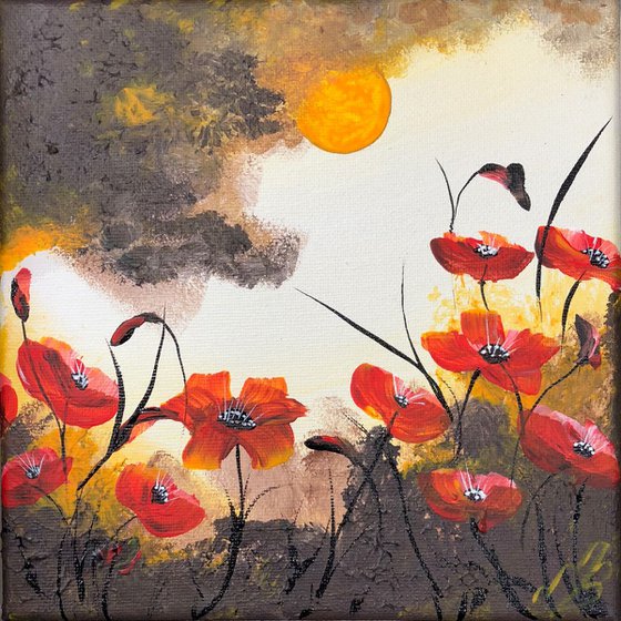 Poppies under a yellow moon