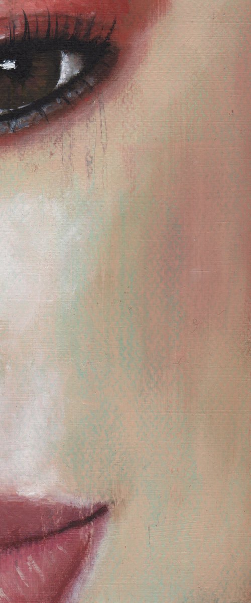 Lauren - beauty oil painting of women female on paper grey and orange tones makeup closeup by Renske Karlien Hercules