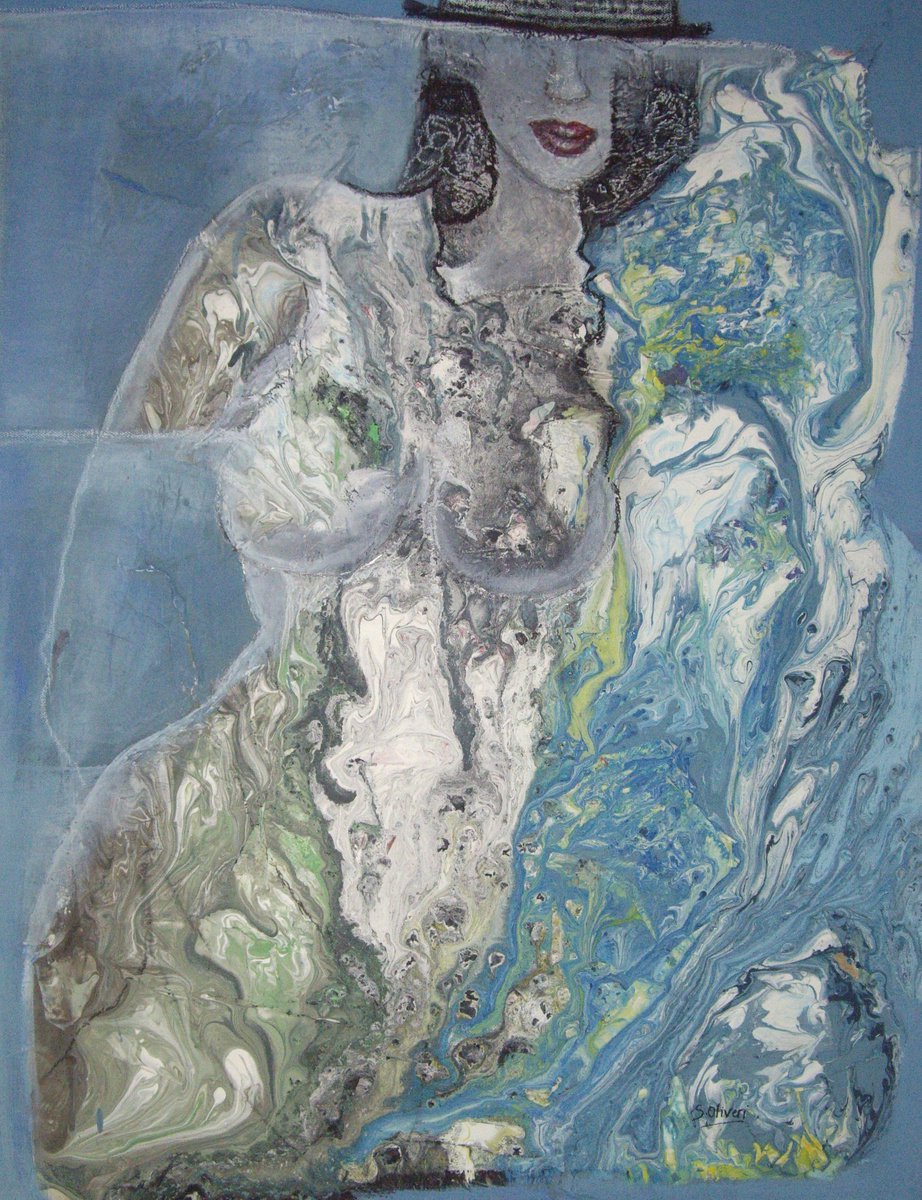 Organic Portrait Acrylic Painting By Sylvie Oliveri, 24 X 31", La Femme Mystere, Original Artwork