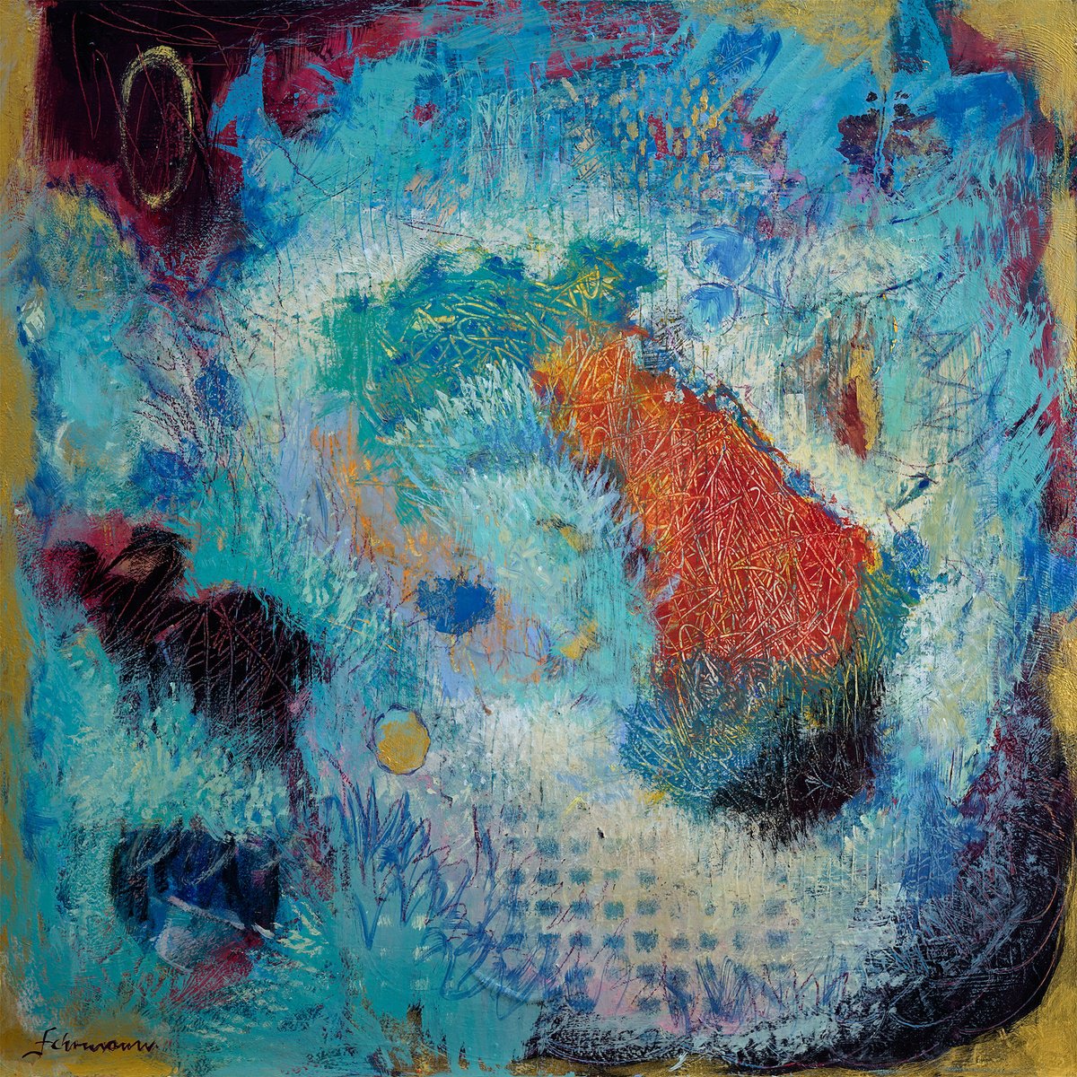 Abstract Acrylic Painting By Uwe Fehrmann, 20 X 20", The Golden Egg, Original Artwork